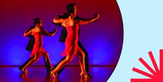 Two couples dancing in red light; picture in circle over light blue background with red spark.